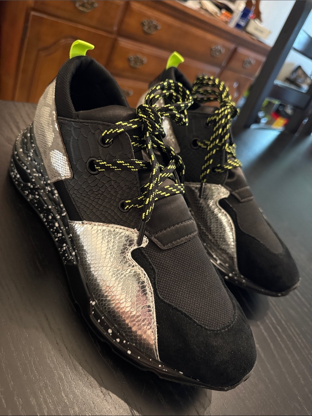 Steve Madden Black and Silver Athletic Sneakers with Neon Green Accents